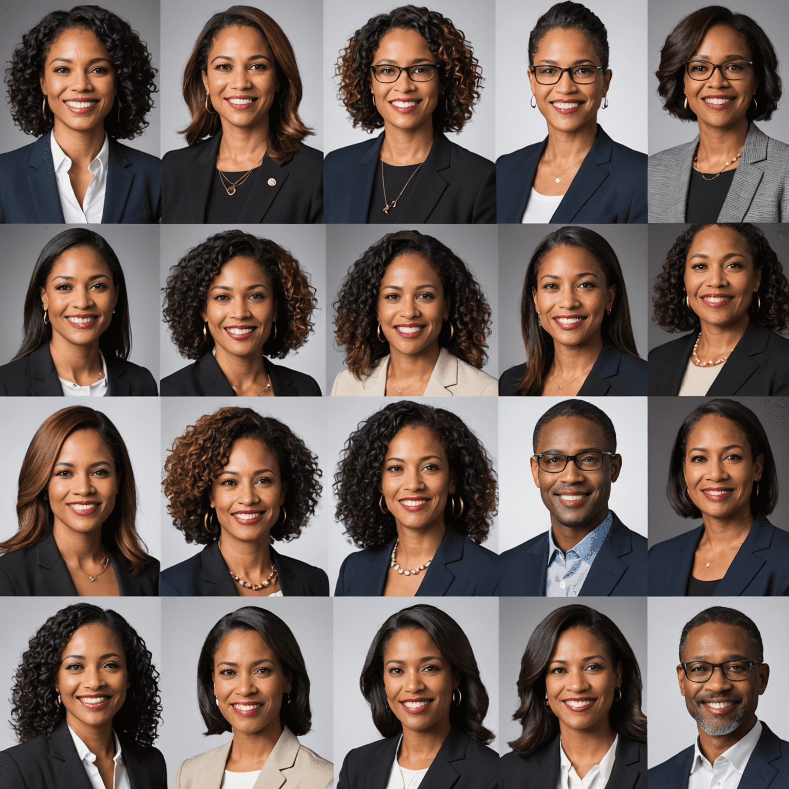 Collage of diverse, professional keynote speakers for thenthand_conference, showcasing a mix of genders and ethnicities, all dressed in business attire and exuding confidence and expertise