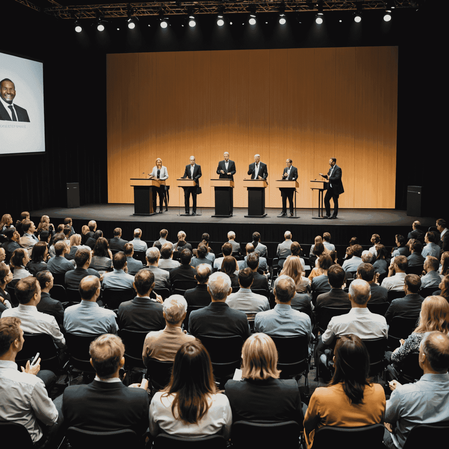 Group of diverse professional speakers on stage, presenting to a large audience. The image conveys expertise, charisma, and engagement.