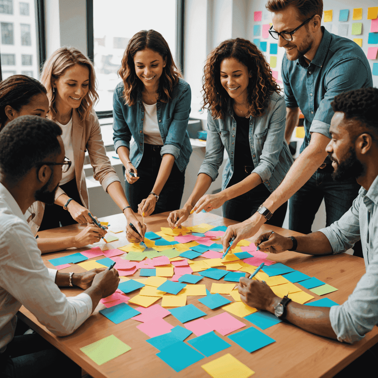 A diverse group of professionals engaged in an interactive workshop, collaborating on a team-building exercise. The image shows participants gathered around a table with colorful sticky notes and markers, demonstrating active discussion and idea sharing.