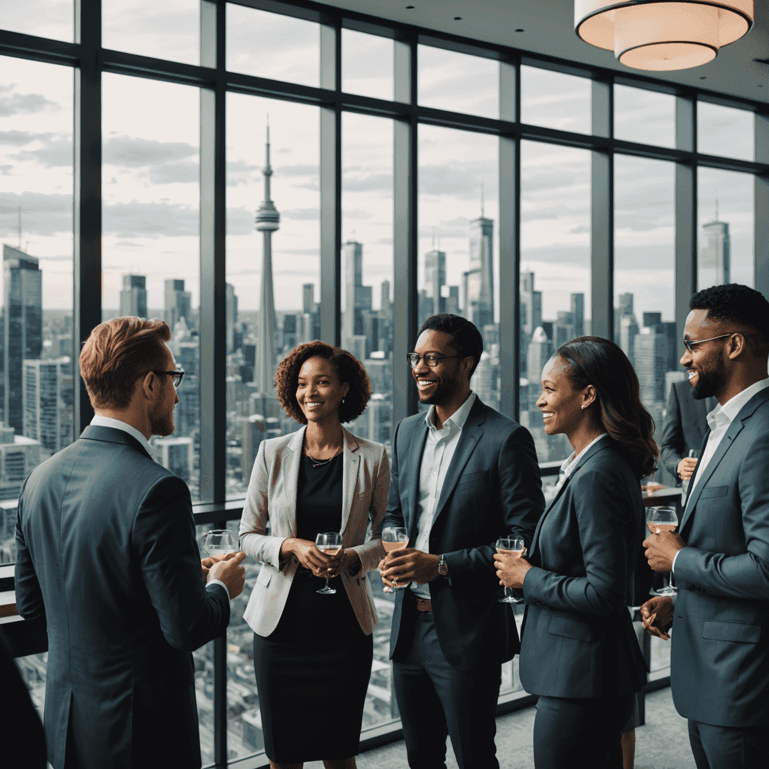 Diverse group of professionals networking at a cocktail reception, engaged in animated conversations with the Toronto skyline visible through large windows