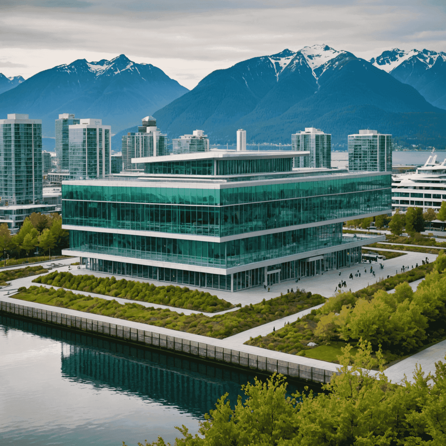 Exterior view of the Vancouver Convention Centre, a modern glass building with a green roof, situated on the waterfront with mountains in the background