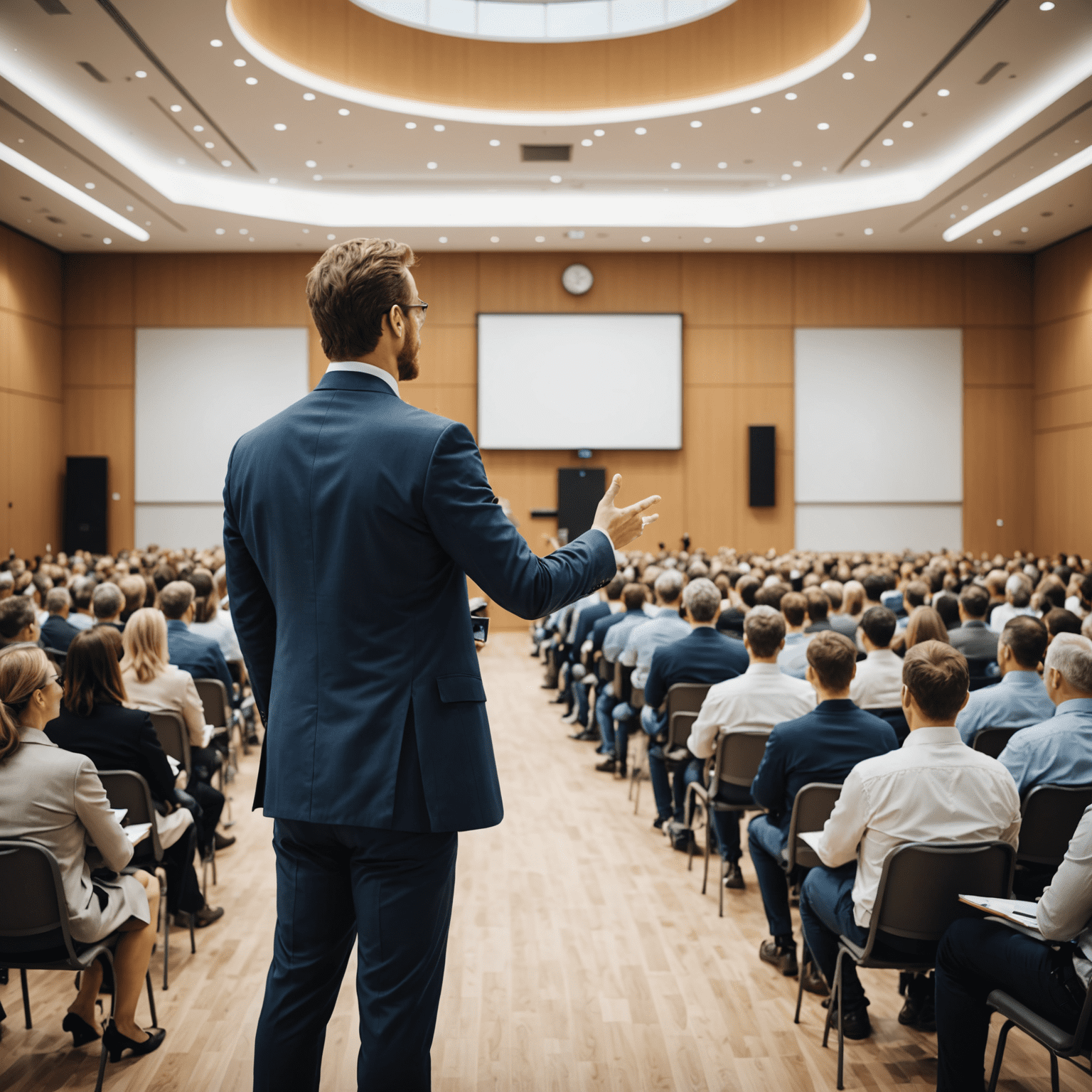 Energetic speaker presenting to a large audience in a modern conference hall, demonstrating leadership and motivation
