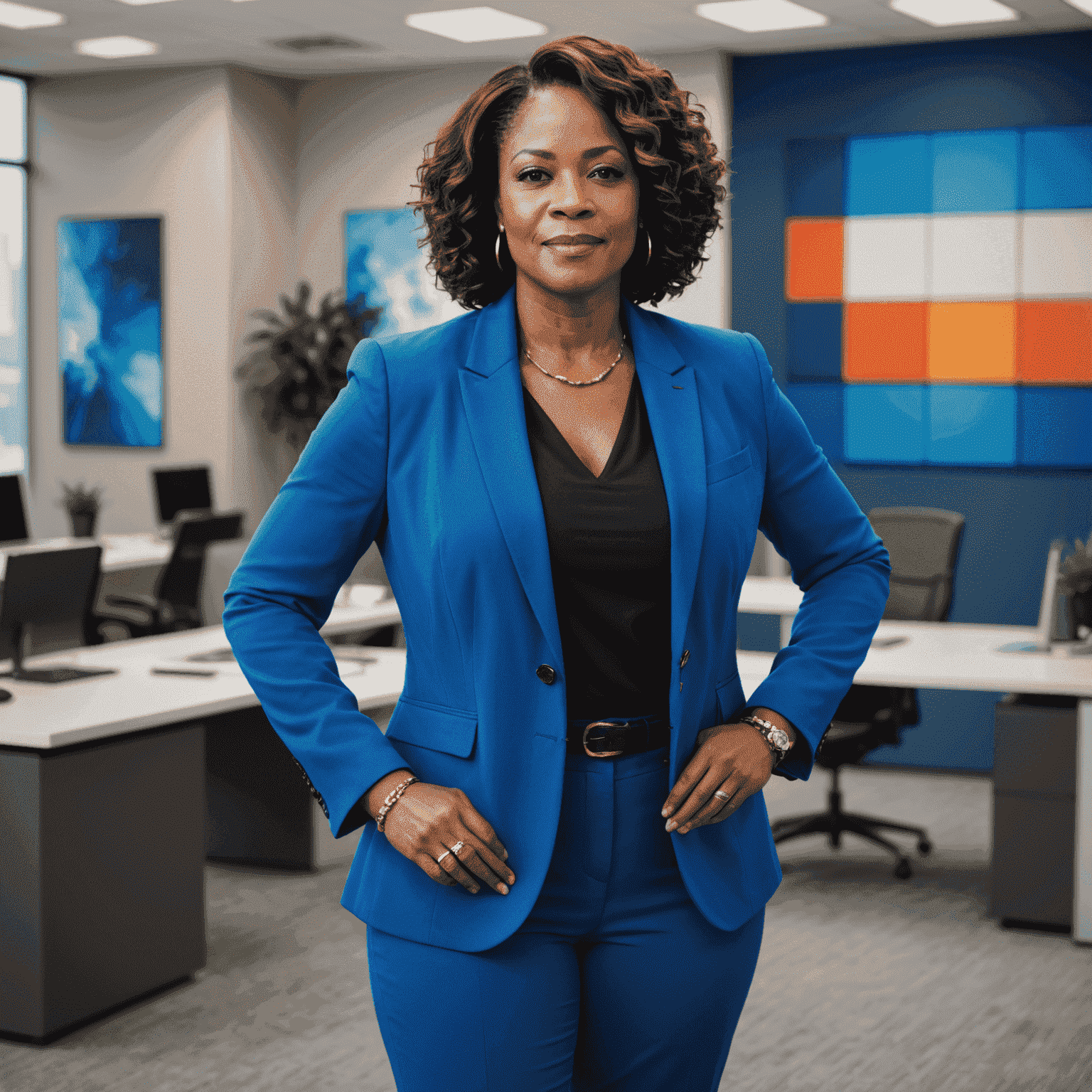 Sarah Johnson, a confident African-American woman in her 40s, wearing a vibrant blue blazer, standing in front of a modern office backdrop