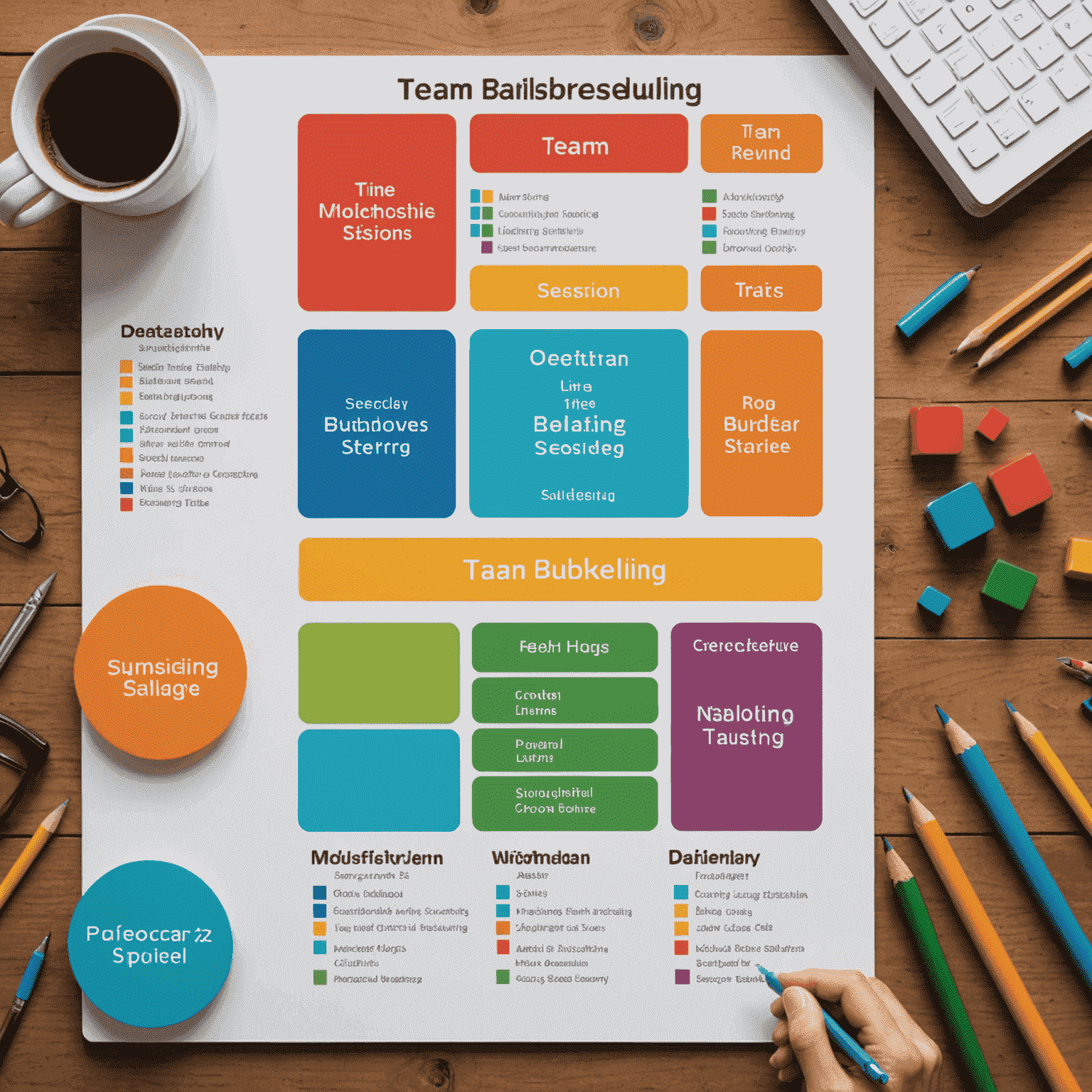 A detailed timetable showing various workshop sessions, with colorful time blocks and session titles related to team building and leadership skills.