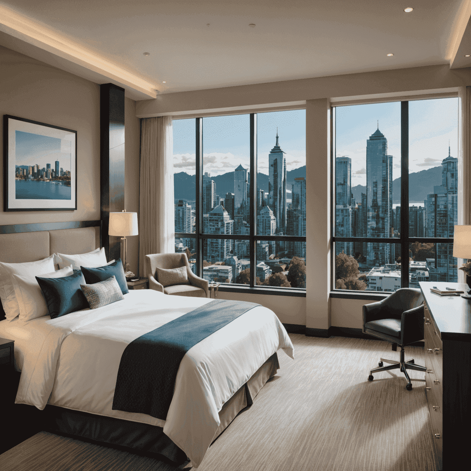 Luxurious hotel room with a king-size bed, modern decor, and a view of the Vancouver skyline