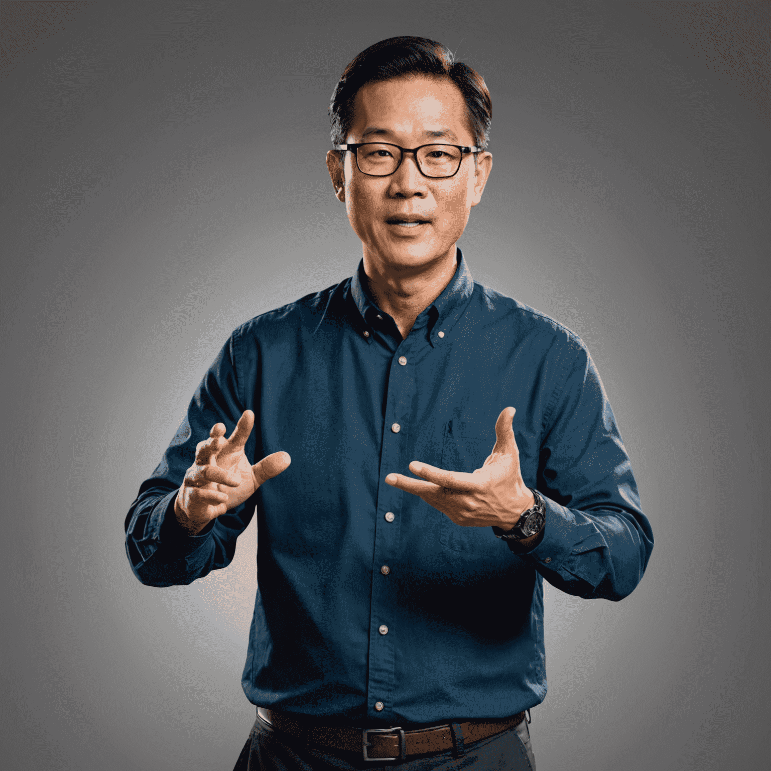 Dr. Michael Chen, an Asian man in his 50s with glasses, wearing a smart casual outfit, gesturing while speaking in a TED-talk style setting