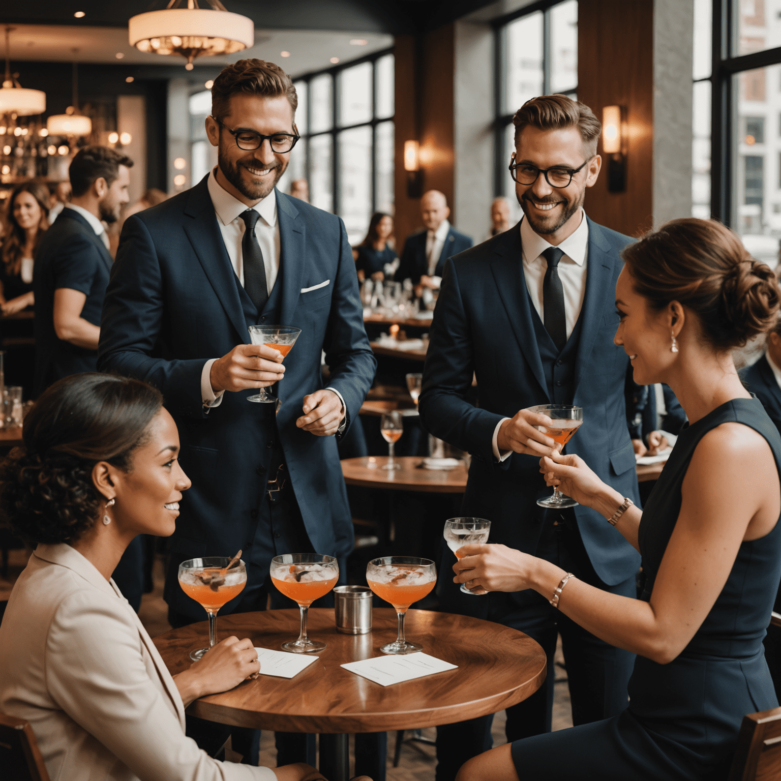 A sophisticated cocktail reception with professionals engaged in animated conversations, exchanging business cards, and forming connections.