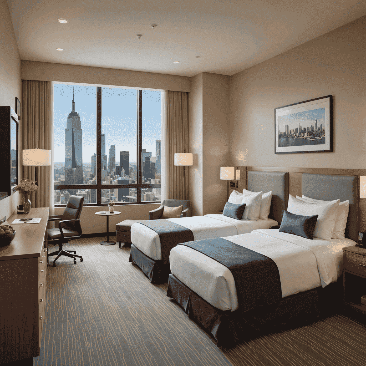 Comfortable mid-range hotel room with two queen beds and a city view