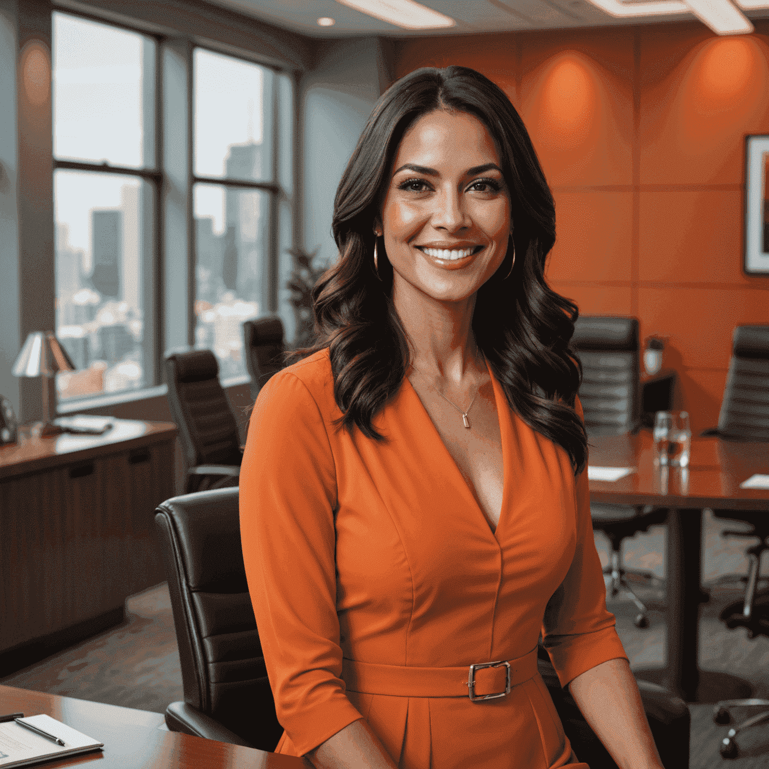 Elena Rodriguez, a latina woman in her 30s with long dark hair, wearing a stylish orange dress, smiling confidently in a modern boardroom setting