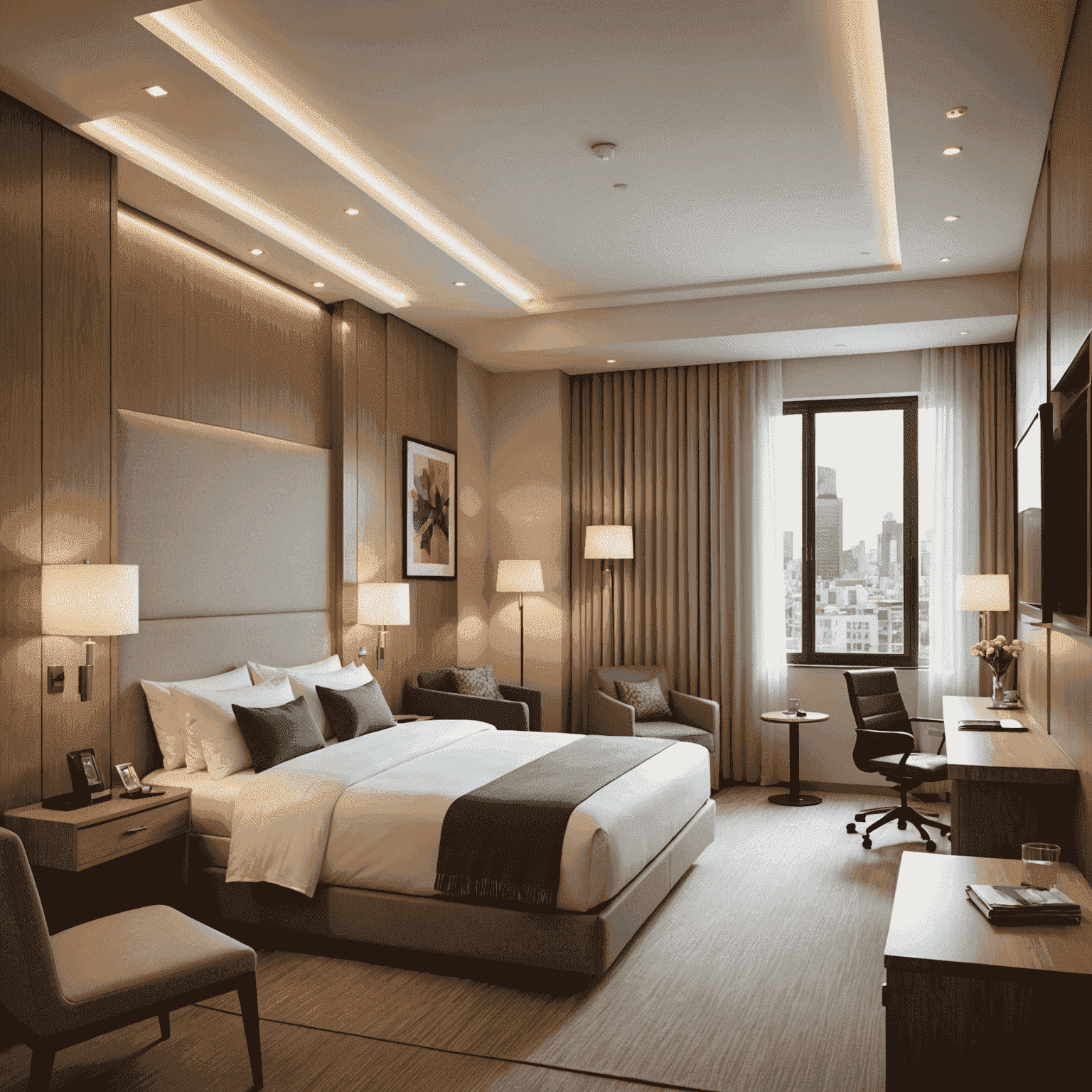 Budget-friendly hotel room with modern amenities and a compact design