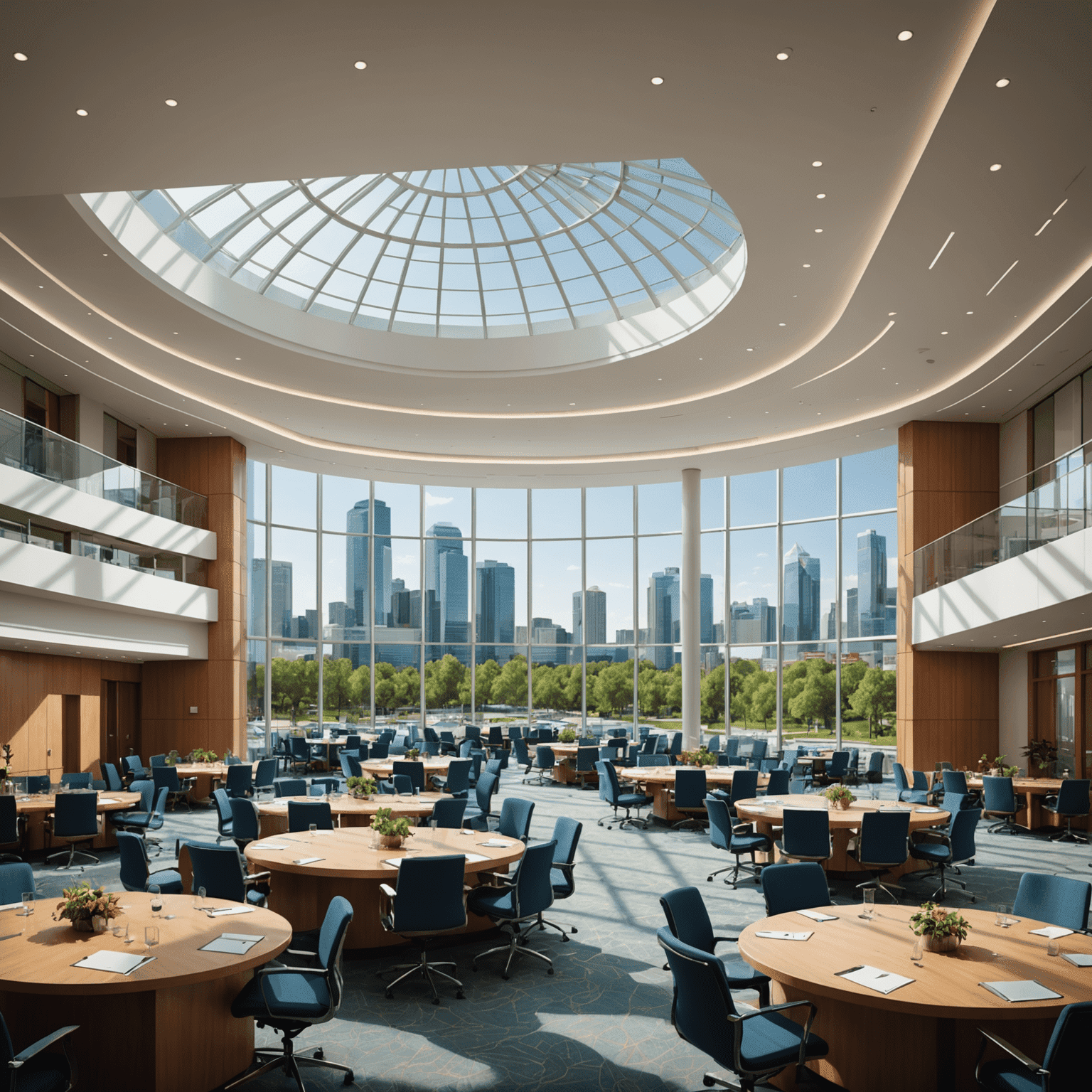 A panoramic view of a modern conference center with nearby hotels and local attractions, showcasing the vibrant host city.