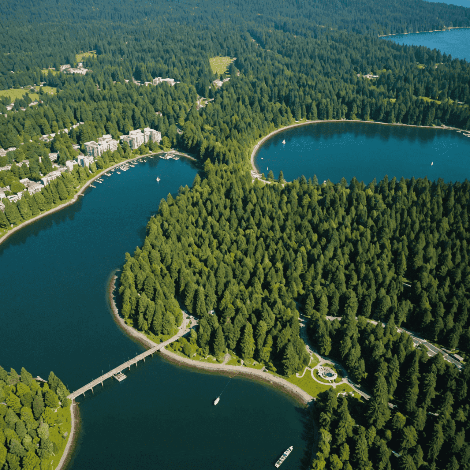 Aerial view of Stanley Park, showing lush green forests, walking trails, and the surrounding ocean